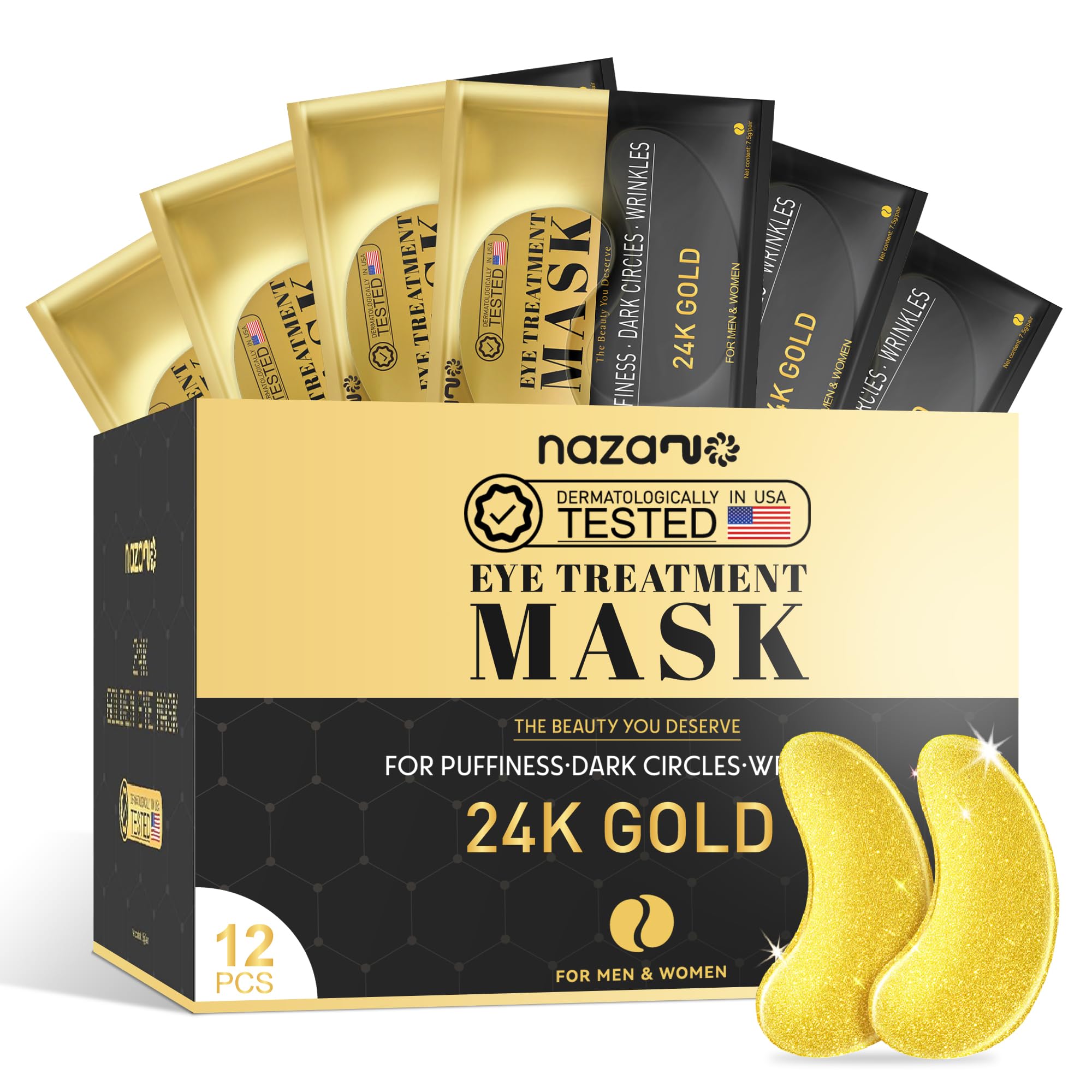 NAZANO 24K Gold Under Eye Patches - 60 Pack Eye Masks | for Puffy Eyes, Dark Circles, Bags & Wrinkles with Collagen & Hyaluronic Acid - Eye Care Pads for Daily Skincare (Gold)
