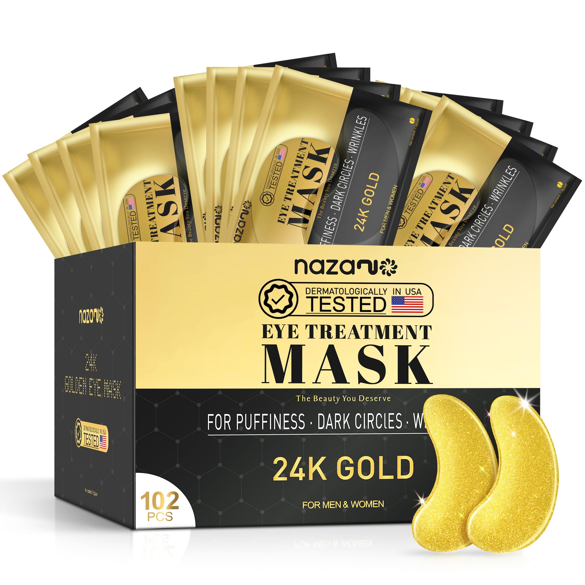NAZANO 24K Gold Under Eye Patches - 60 Pack Eye Masks | for Puffy Eyes, Dark Circles, Bags & Wrinkles with Collagen & Hyaluronic Acid - Eye Care Pads for Daily Skincare (Gold)