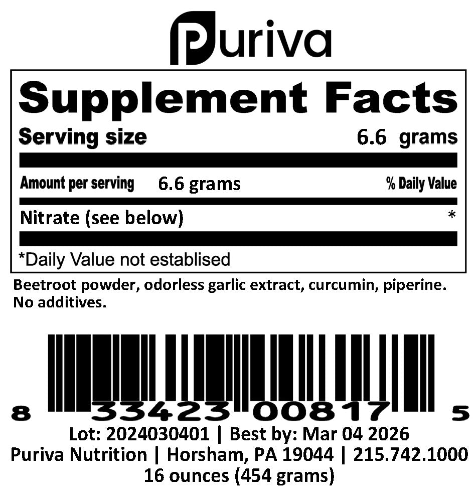 Nitrate powder (beetroot, curcumin, piperine, garlic), 1 pound, Puriva Nutrition